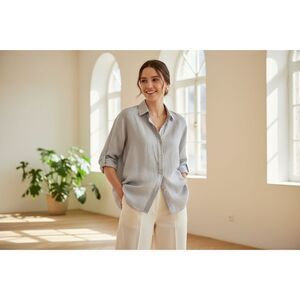 Chico's No Iron Linen Shirt 3 XL Gray Button Down Roll Tab Sleeve NWT